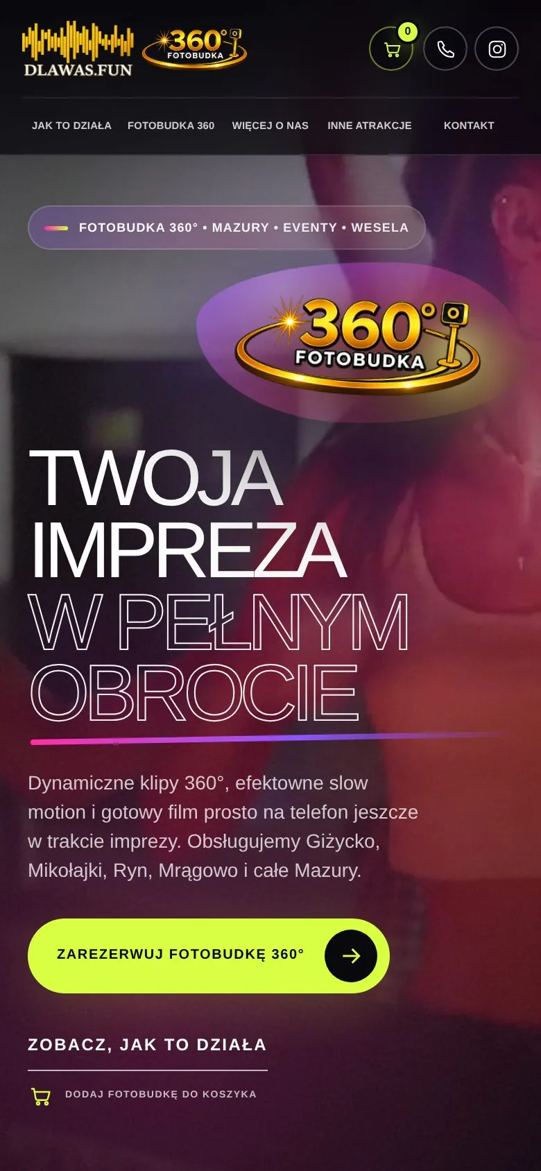 Pierwszy ekran strony Fotobudka 360 Mazury na telefonie