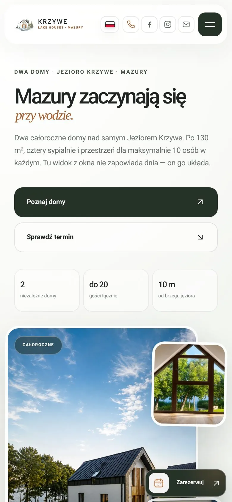 Pierwszy ekran strony Krzywe Lake Houses na telefonie
